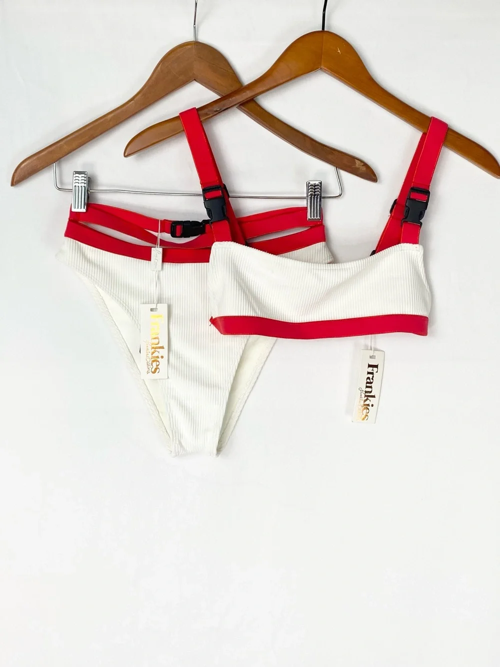 NEW Frankies Bikini Kiki Ribbed Bikini Buckle Up Red White Summer Size Small